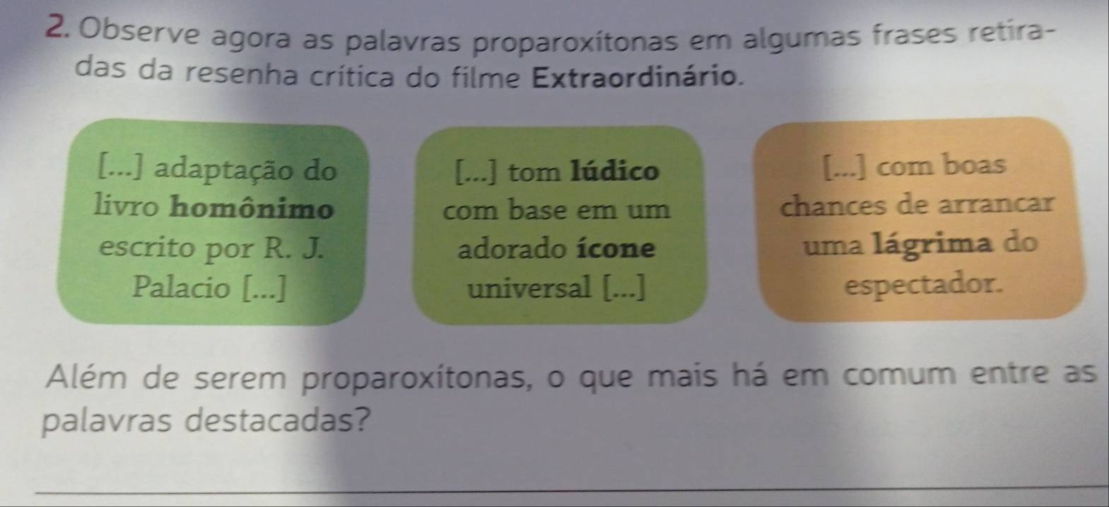 Observe agora as palavras proparoxítonas em algumas frases retira- 
das da resenha crítica do filme Extraordinário. 
[...] adaptação do [...] tom lúdico [...] com boas 
livro homônimo com base em um chances de arrancar 
escrito por R. J. adorado ícone uma lágrima do 
Palacio [...] universal [...] espectador. 
Além de serem proparoxítonas, o que mais há em comum entre as 
palavras destacadas?