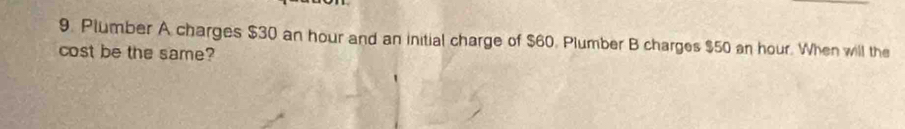 Plumber A charges $30 an hour and an initial charge of $60. Plumber B charges $50 an hour. When will the 
cost be the same?