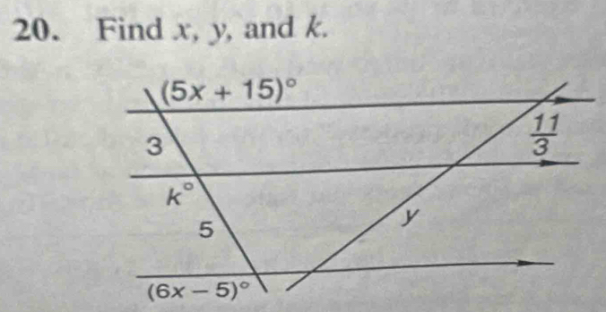 Find x, y, and k.