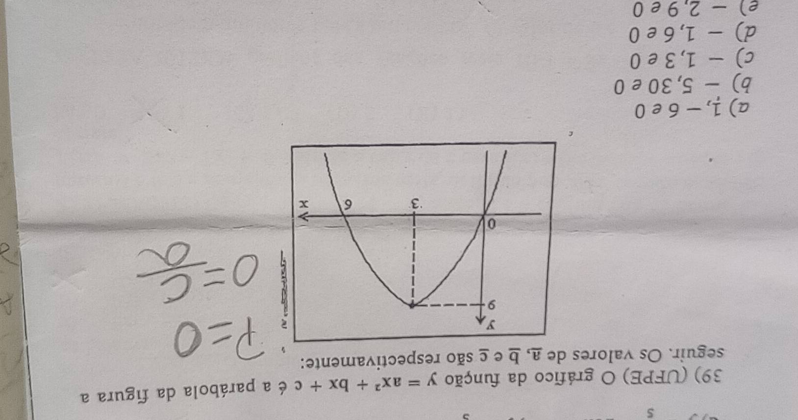 (UFPE) O gráfico da função y=ax^2+bx+c é a parábola da fígura a
seguir. Os valores de a, b e ç são respectivamente:
a) 1, - 6 e0
b) - 5, 30 e 0
c) - 1, 3 e 0
d) - 1, 6 e 0
e) - 2, 9 e 0