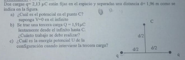 Dos cargas q=2,13 μC están fijas en el espacio y separadas una distancia d=1,96m como se 
indica en la figura. 
a) ¿Cuál es el potencial en el punto C? 
suponga V=0 en el infinito 
b) Se trae una tercera carga Q=1,91mu C
lentamente desde el infinito hasta C. 
¿Cuánto trabajo se debe realizar? 
c) ¿Cuál es la energía potencial U de la 
configuración cuando interviene la tercera carga?