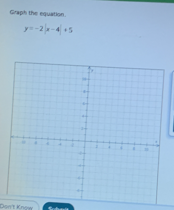 Graph the equation.
y=-2|x-4|+5
Don't Know