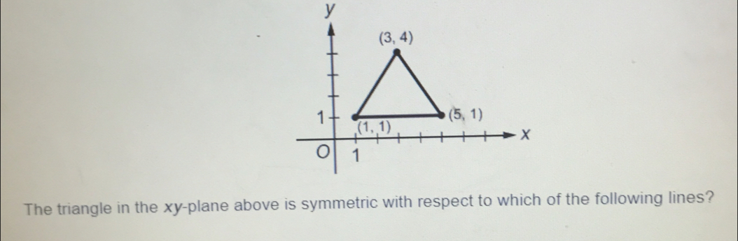 The triangle in the xy-plane above is symmetric with respect to which of the following lines?