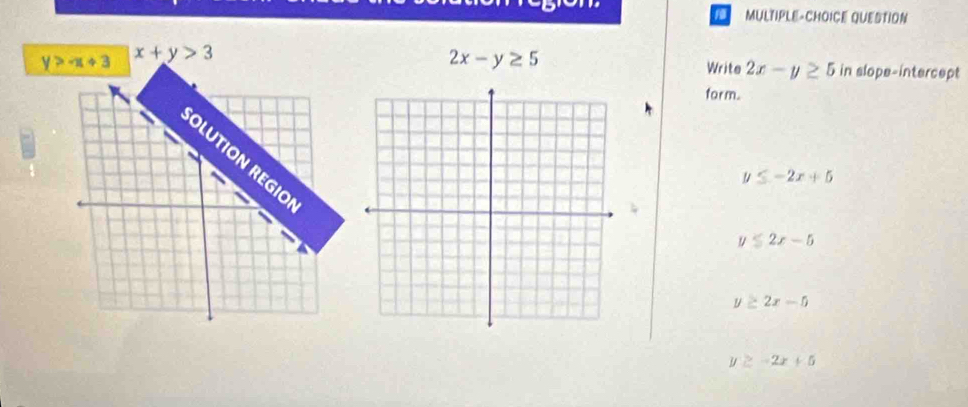 MULTIPLE-CHOICE QUESTION
y>-x+3 x+y>3
2x-y≥ 5 Write 2x-y≥ 5 in slope-intercept
form.
y≤ -2x+5
V ≤ 2x-5
y≥ 2x-5
y≥ -2x+5