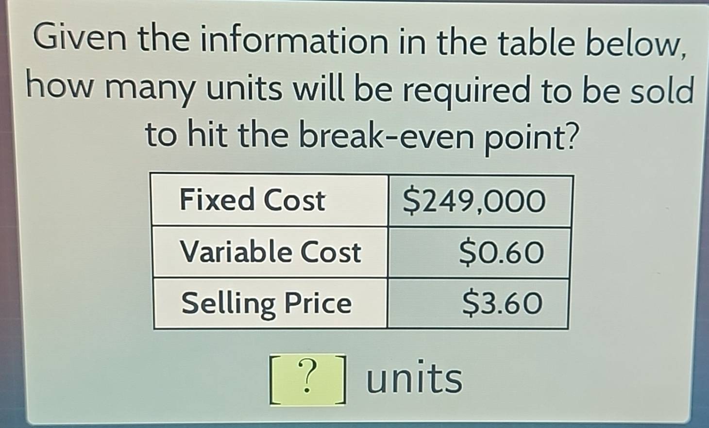 Solved: Given the information in the table below, how many units will ...