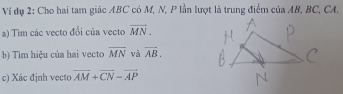 Ví đụ 2: Cho hai tam giác ABC có M, N, P lần lượt là trung điểm ở sin A C, CA.
a) Tim các vecto đổi của vecto overline MN.
b) Tìm hiệu của hai vecto overline MN và vector AB.
c) Xác định vecto overline AM+overline CN-overline AP