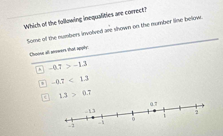 Which of the following inequalities are correct?
Some of the numbers involved are shown on the number line below.
Choose all answers that apply:
a -0.7>-1.3
B -0.7<1.3
c 1.3>0.7