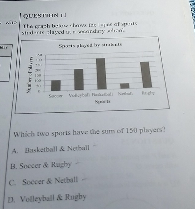 who
The graph below shows the types of sports
students played at a secondary school.
iday 
Which two sports have the sum of 150 players?
A. Basketball & Netball
B. Soccer & Rugby
C. Soccer & Netball
D. Volleyball & Rugby