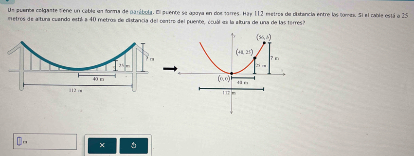 Un puente colgante tiene un cable en forma de parábola. El puente se apoya en dos torres. Hay 112 metros de distancia entre las torres. Si el cable está a 25
metros de altura cuando está a 40 metros de distancia del centro del puente, ¿cuál es la altura de una de las torres?
m
5