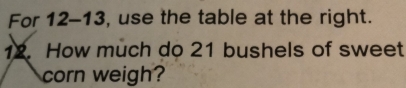 For 12-13, use the table at the right. 
12. How much do 21 bushels of sweet 
corn weigh?