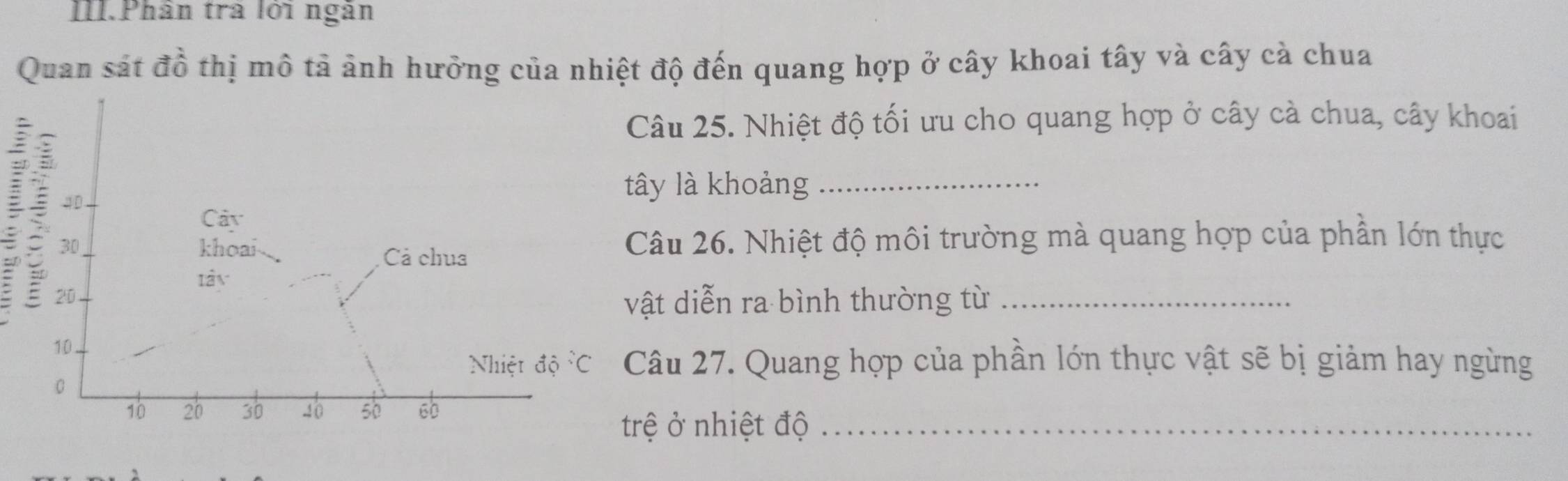 III.Phân trà lới ngân 
Quan sát vector ahat o thị mô tả ảnh hưởng của nhiệt độ đến quang hợp ở cây khoai tây và cây cà chua 
Câu 25. Nhiệt độ tối ưu cho quang hợp ở cây cà chua, cây khoai
40
tây là khoảng_ 
Cây
30 khoai Câu 26. Nhiệt độ môi trường mà quang hợp của phần lớn thực 
Cả chua
20. 
vật diễn ra bình thường từ_
10
Nhiệt dpartial^(wedge)C Câu 27. Quang hợp của phần lớn thực vật sẽ bị giảm hay ngừng
0
10 20 30 40 50 60
trệ ở nhiệt độ_