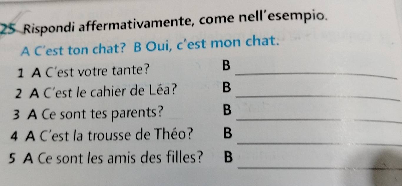 Rispondi affermativamente, come nell´esempio. 
A C’est ton chat? B Oui, c’est mon chat. 
1 A C'est votre tante?_ 
B 
2 A C'est le cahier de Léa?_ 
B 
3 A Ce sont tes parents?_ 
_ 
B 
_ 
4 A C'est la trousse de Théo? B 
_ 
5 A Ce sont les amis des filles? B