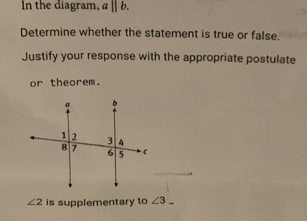 In the diagram, a | b. 
Determine whether the statement is true or false. 
Justify your response with the appropriate postulate 
or theorem.
∠ 2 is supplementary to ∠ 3