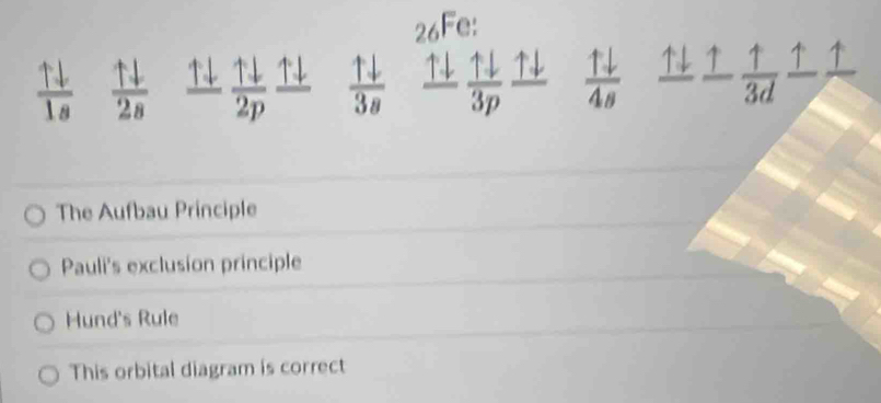 2∠ Fe:

1
 1downarrow /2p  uparrow downarrow  1downarrow /3s   1downarrow /4s  ↑  uparrow /3d  ↑ ↑
The Aufbau Principle
Pauli's exclusion principle
Hund's Rule
This orbital diagram is correct