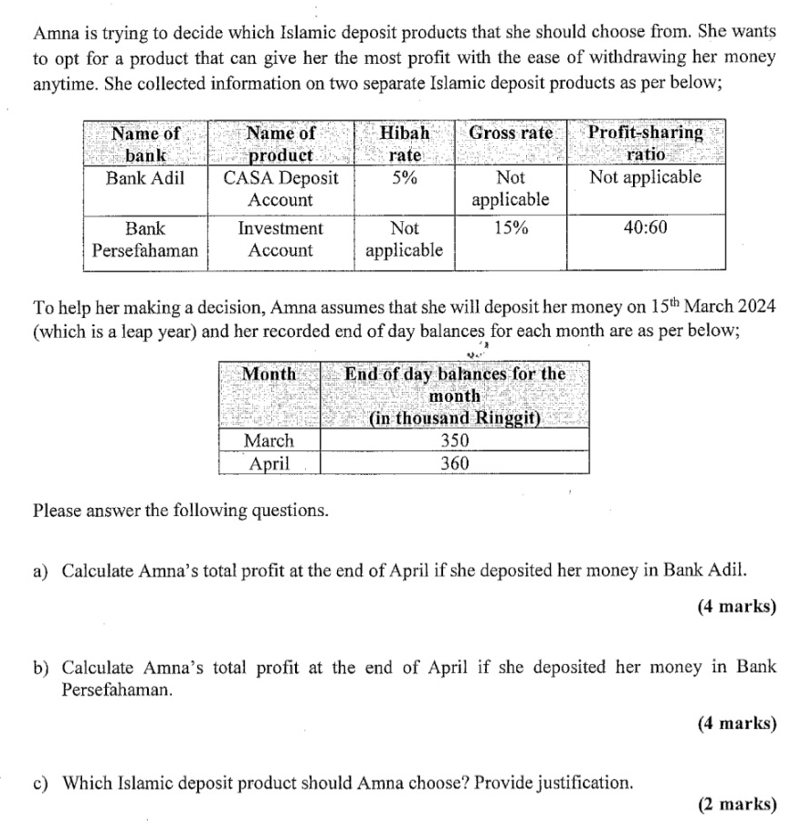 Amna is trying to decide which Islamic deposit products that she should choose from. She wants
to opt for a product that can give her the most profit with the ease of withdrawing her money
anytime. She collected information on two separate Islamic deposit products as per below;
To help her making a decision, Amna assumes that she will deposit her money on 15^(th) March 2024
(which is a leap year) and her recorded end of day balances for each month are as per below;
Please answer the following questions.
a) Calculate Amna’s total profit at the end of April if she deposited her money in Bank Adil.
(4 marks)
b) Calculate Amna’s total profit at the end of April if she deposited her money in Bank
Persefahaman.
(4 marks)
c) Which Islamic deposit product should Amna choose? Provide justification.
(2 marks)