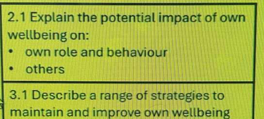 Solved: 2.1 Explain the potential impact of own wellbeing on: own role ...