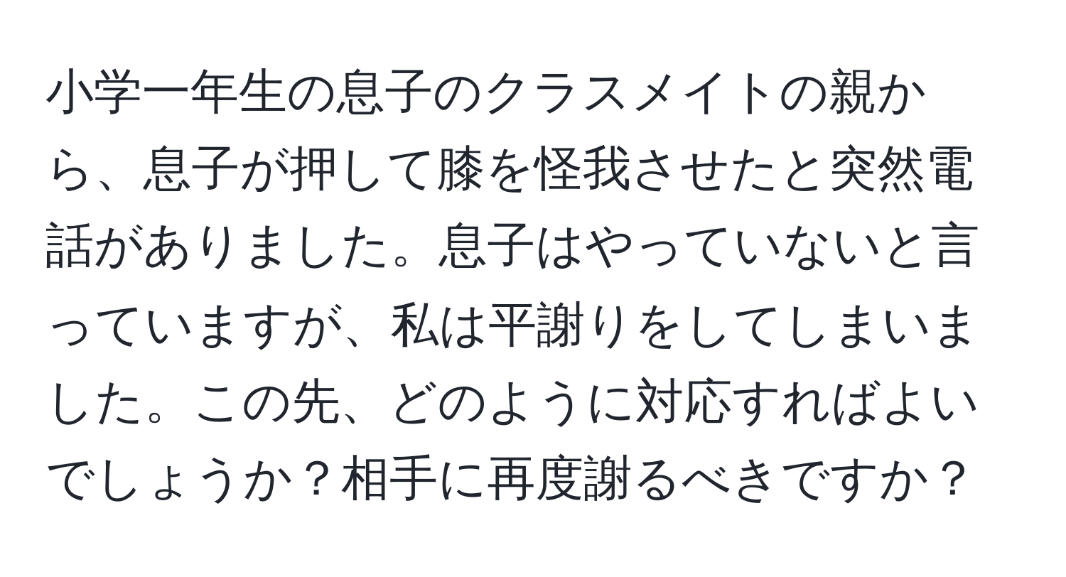 小学一年生の息子のクラスメイトの親から、息子が押して膝を怪我させたと突然電話がありました。息子はやっていないと言っていますが、私は平謝りをしてしまいました。この先、どのように対応すればよいでしょうか？相手に再度謝るべきですか？