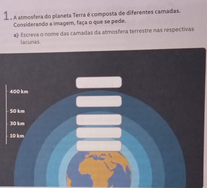 1 . A atmosfera do planeta Terra é composta de diferentes camadas. 
Considerando a imagem, faça o que se pede. 
a) Escreva o nome das camadas da atmosfera terrestre nas respectivas 
lacunas.