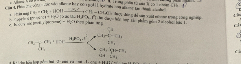 ong phan mam .
Xane Đ đ. Trong phân tử của X có 1 nhóm CH_2.
Câu 4. Phản ứng cộng nước vào alkene hay còn gọi là hydrate hóa alkene tạo thành alcohol.
a. Phản ứng CH_2=CH_2+HOHxrightarrow H_3PO_4.t°CH_3-CH_2OH được dùng đề sản xuất ethane trong công nghiệp.
Câu
b. Propylene (propene) +H_2O ( xuc tắc H_3PO_4,t^0) thu được hỗn hợp sản phẩm gồm 2 alcohol bậc 1.
c. Isobutylene (methyl oropene)+H_2O theo phản ứng  
Câ
Câ
d Khi cho hỗn hợn gồm but - at-1-ene+H_2O x úc tác