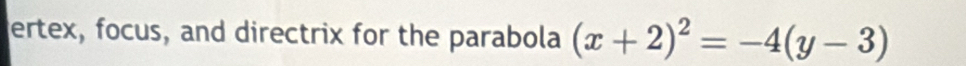 ertex, focus, and directrix for the parabola (x+2)^2=-4(y-3)