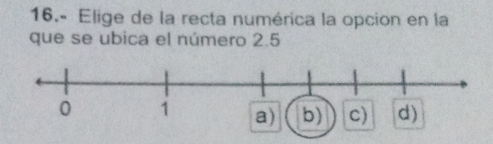 16.- Elige de la recta numérica la opcion en la 
que se ubica el número 2.5