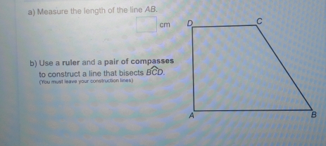 Measure the length of the line AB.
cm 
b) Use a ruler and a pair of compasses
to construct a line that bisects vector BD
(You must leave your construction lines)