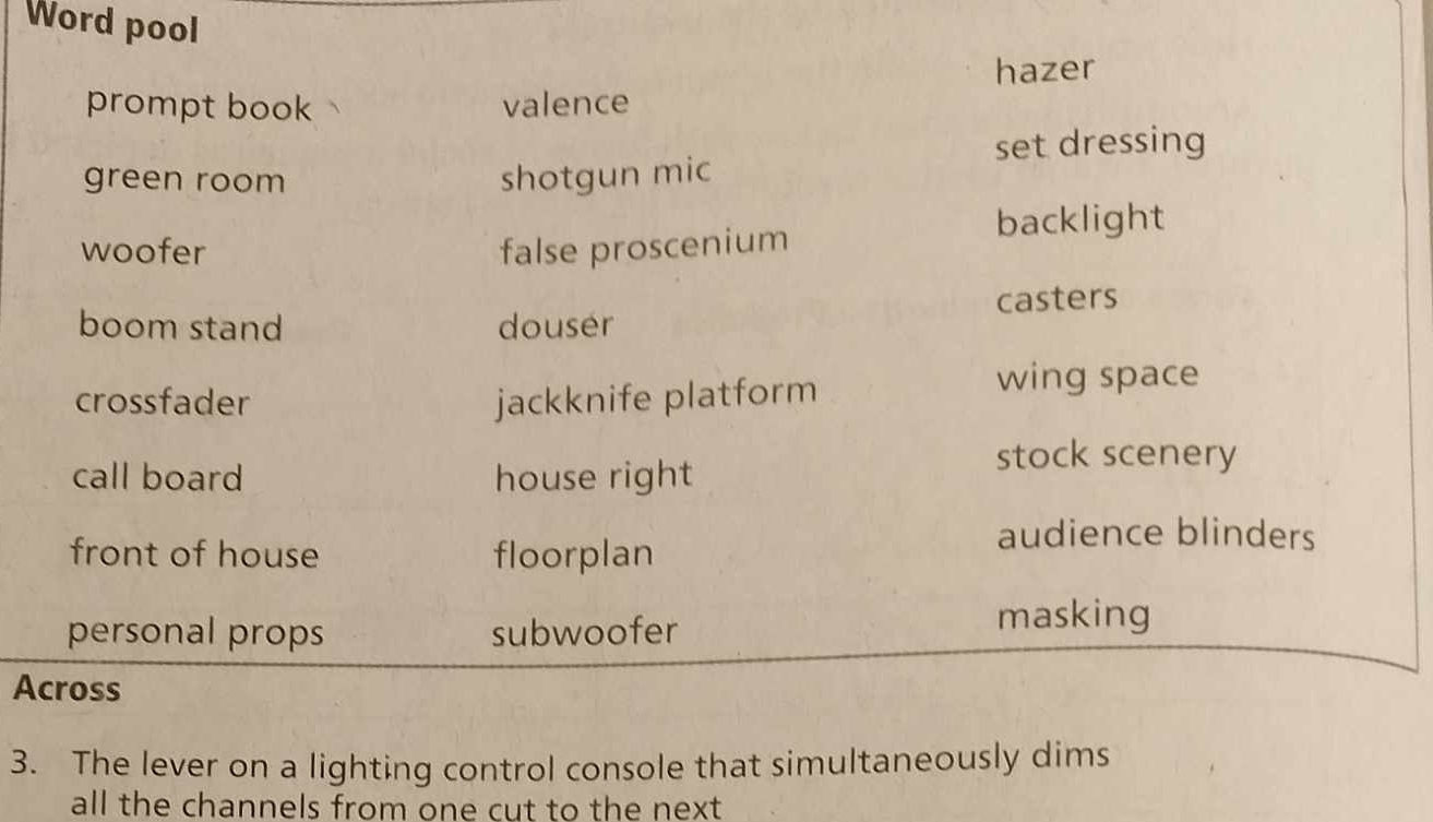 Word pool
hazer
prompt book valence
set dressing
green room shotgun mic
woofer false proscenium backlight
boom stand douser casters
crossfader jackknife platform wing space
call board house right
stock scenery
front of house floorplan
audience blinders
personal props subwoofer masking
Across
3. The lever on a lighting control console that simultaneously dims
all the channels from one cut to the next