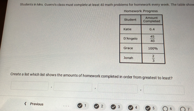 Students in Mrs. Guerro's class must complete at least 40 math problems for homework every week. The table show
Homework Progress
Create a list which list shows the amounts of homework completed in order from greatest to least?
1
《 Previous 2 3 4 5 6 7