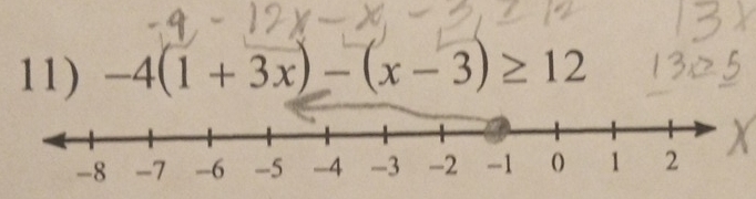 -4(1+3x)-(x-3)≥ 12