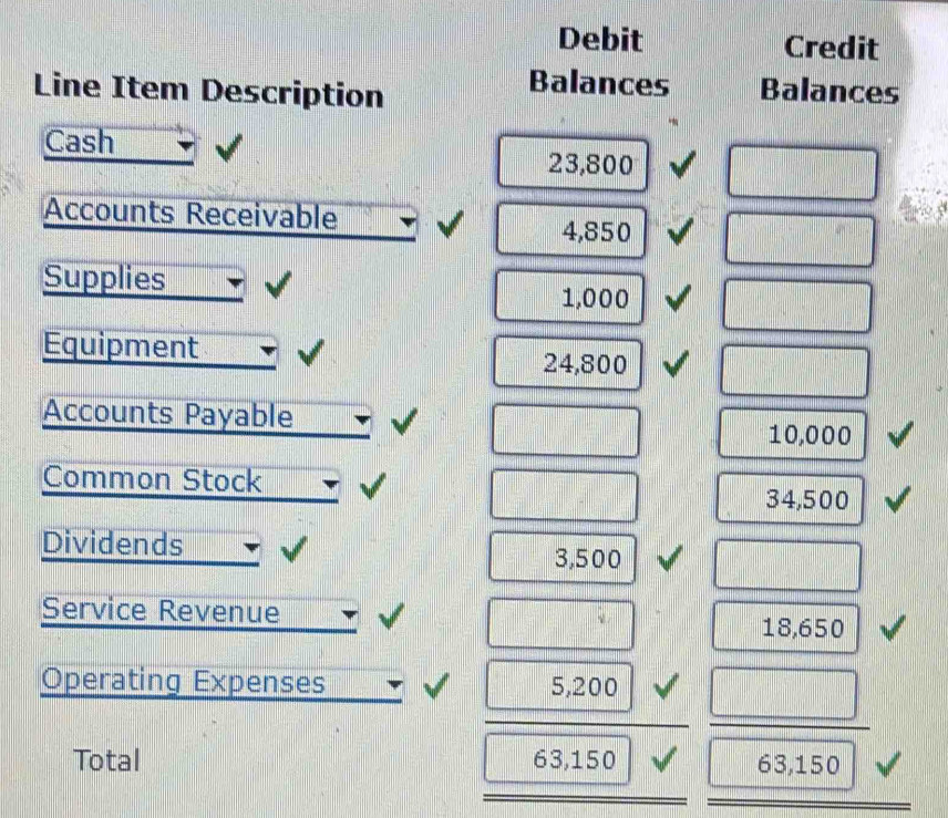 Debit Credit 
Line Item Description 
Balances Balances 
Cash
23,800
Accounts Receivable Arey
4,850
Supplies
1,000
Equipment
24,800
Accounts Payable
10,000
Common Stock
34,500
Dividends 3,500
Service Revenue 18,650
Operating Expenses 5,200
Total 63,150 63,150