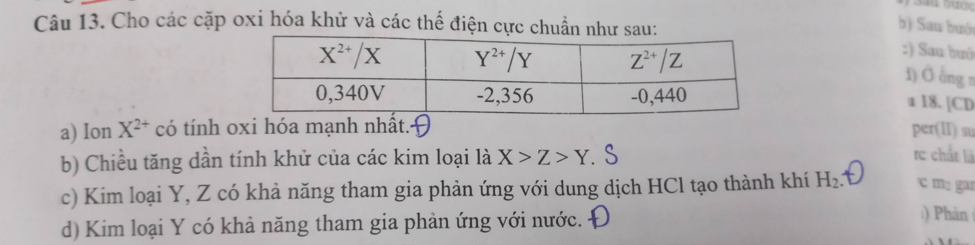 Cho các cặp oxi hóa khử và các thế điện cực chuẩn như sau:
b) Sau bưới
:) Sau buó
1) Ở ổng n
u 18. [CD
a) Ion X^(2+) có tính oxi hóa mạnh nhất. 9 per(II) su
b) Chiều tăng dần tính khử của các kim loại là X>Z>Y. S
rc chất là
c) Kim loại Y, Z có khả năng tham gia phản ứng với dung dịch HCl tạo thành khí H_2.
c m gar
d) Kim loại Y có khả năng tham gia phản ứng với nước. D
) Phản