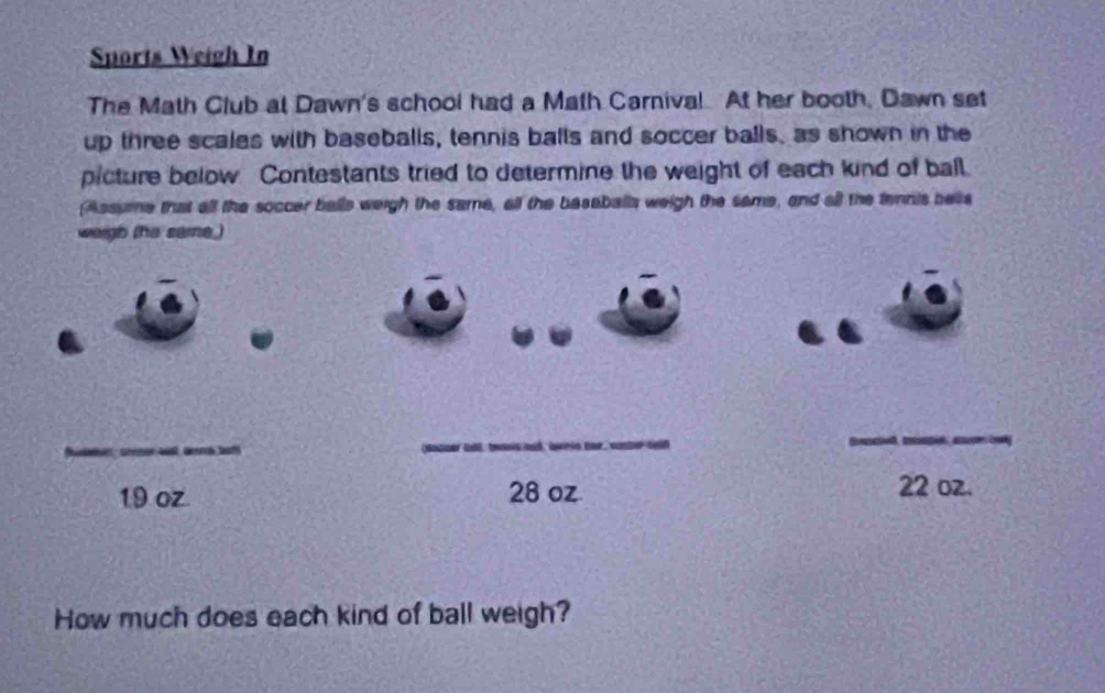 Sports Weigh In 
The Math Club at Dawn's school had a Math Carnival. At her booth, Dawn set 
up three scales with baseballs, tennis balls and soccer balls, as shown in the 
picture below Contestants tried to determine the weight of each kind of ball. 
Assume that all the soccer balls weigh the same, all the basaballs weigh the same, and all the tennis bells 
weigh (he same_) 
_ 
_ 
_ 
_ 
_
19 oz 28 oz
22 oz. 
How much does each kind of ball weigh?