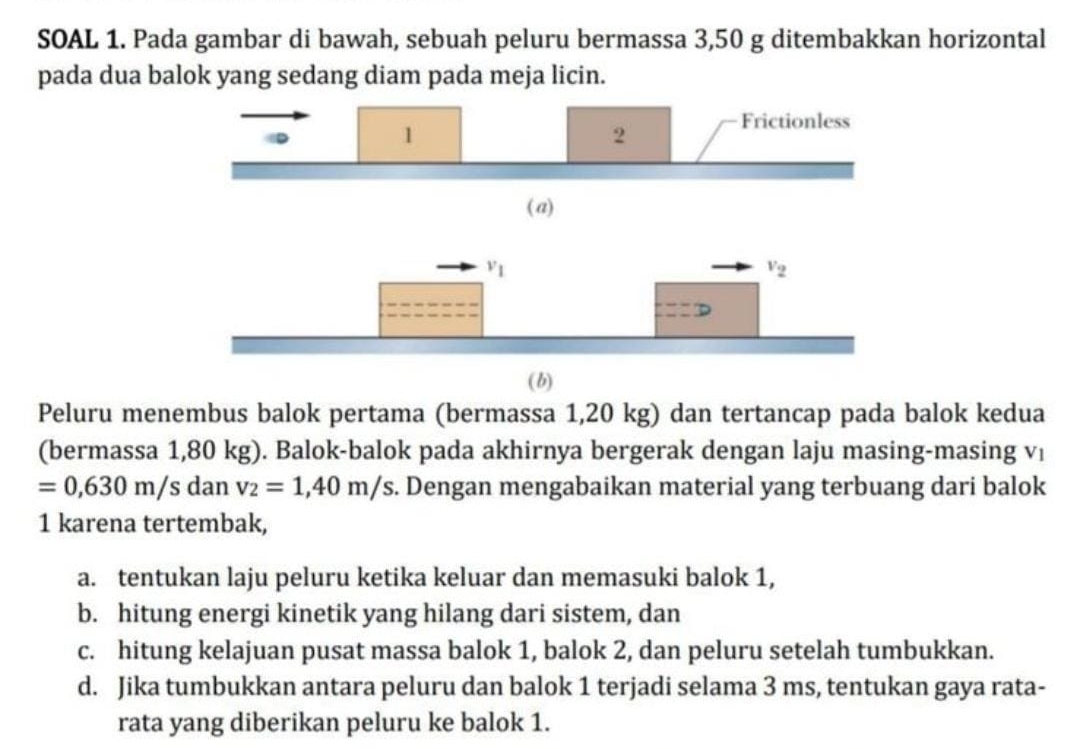 SOAL 1. Pada gambar di bawah, sebuah peluru bermassa 3,50 g ditembakkan horizontal
pada dua balok yang sedang diam pada meja licin.
( a)
(b)
Peluru menembus balok pertama (bermassa 1,20 kg) dan tertancap pada balok kedua
(bermassa 1,80 kg). Balok-balok pada akhirnya bergerak dengan laju masing-masing vị
=0,630m/sda n v_2=1,40m/s. Dengan mengabaikan material yang terbuang dari balok
1 karena tertembak,
a. tentukan laju peluru ketika keluar dan memasuki balok 1,
b. hitung energi kinetik yang hilang dari sistem, dan
c. hitung kelajuan pusat massa balok 1, balok 2, dan peluru setelah tumbukkan.
d. Jika tumbukkan antara peluru dan balok 1 terjadi selama 3 ms, tentukan gaya rata-
rata yang diberikan peluru ke balok 1.