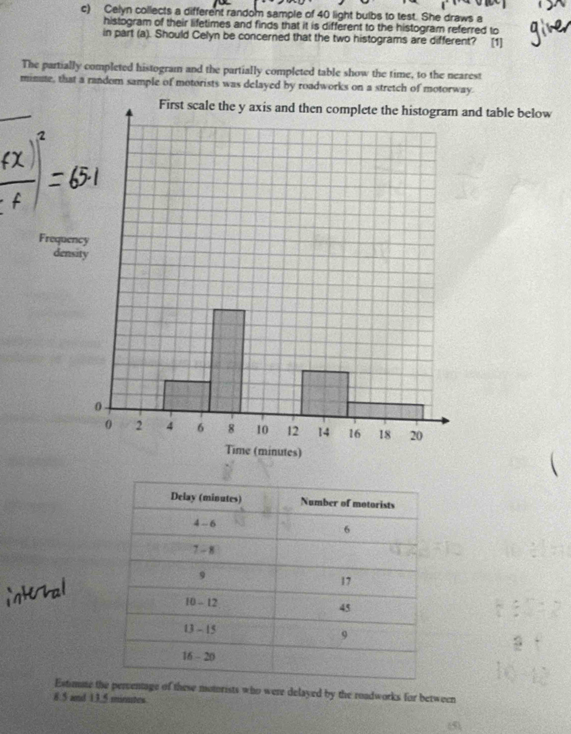 Celyn collects a different random sample of 40 light bulbs to test. She draws a 
histogram of their lifetimes and finds that it is different to the histogram referred to 
in part (a). Should Celyn be concerned that the two histograms are different? [1] 
The partially completed histogram and the partially completed table show the time, to the nearest
minute, that a random sample of motorists was delayed by roadworks on a stretch of motorway. 
and table below 
Frequen 
densi 
Estimme thercentage of these motorists who were delayed by the roadworks for between
8.5 and 13.5 minutes