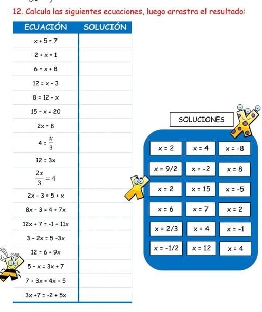 Calcula las siguientes ecuaciones, luego arrastra el resultado:
SOLUCIONES
x=2 x=4 x=-8
x=9/2 x=-2 x=8
x=2 x=15 x=-5
x=6 x=7 x=2
x=2/3 x=4 x=-1
x=-1/2 x=12 x=4