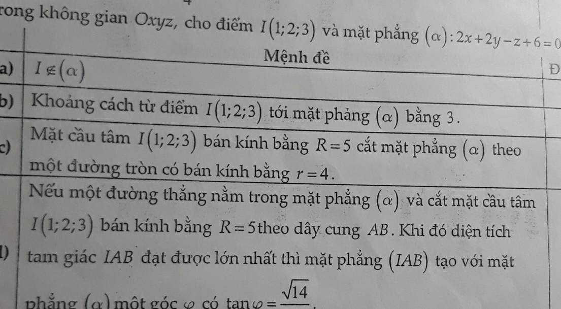 rong không gian Oxyz, cho điểm I(1;2;3)
a)
D
b)
)
)
phẳng (α) một góc φ có