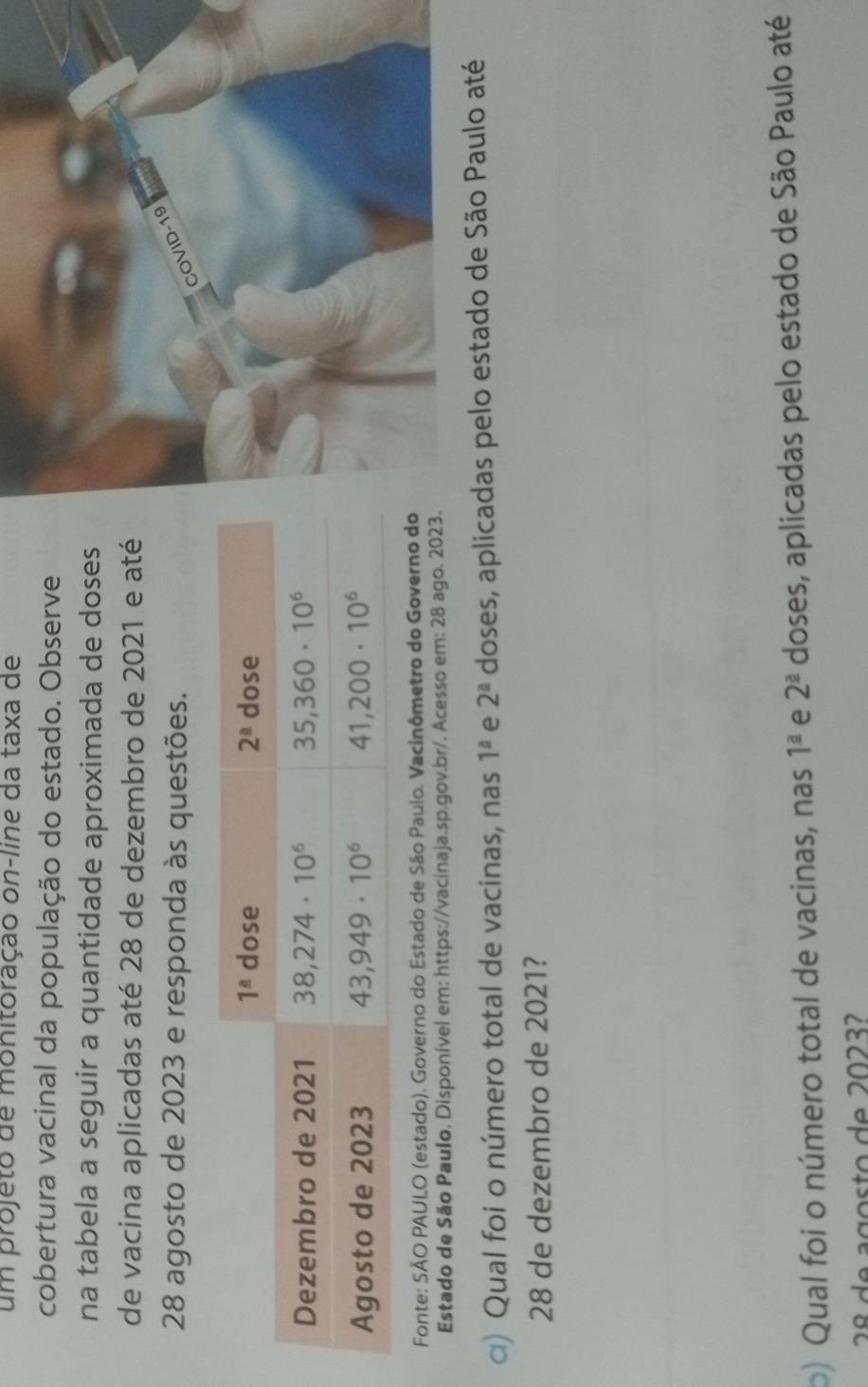 um projeto de monitoração on-line da taxa de
cobertura vacinal da população do estado. Observe
na tabela a seguir a quantidade aproximada de doses
de vacina aplicadas até 28 de dezembro de 2021 e até
28 agosto de 2023 e responda às questões.
COVID-19
Fonte: SÃO PAULO (estado). Governo do Estado de São Paulo. Vacinômetro do Governo do
Estado de São Paulo. Disponível em: https://vacinaja.sp.gov.br/. Acesso em: 28 ago. 2023.
α) Qual foi o número total de vacinas, nas 1^(_ a) e 2^a doses, aplicadas pelo estado de São Paulo até
28 de dezembro de 2021?
o) Qual foi o número total de vacinas, nas 1^(_ a) e 2^(_ a) doses, aplicadas pelo estado de São Paulo até
28 de agosto de 20232