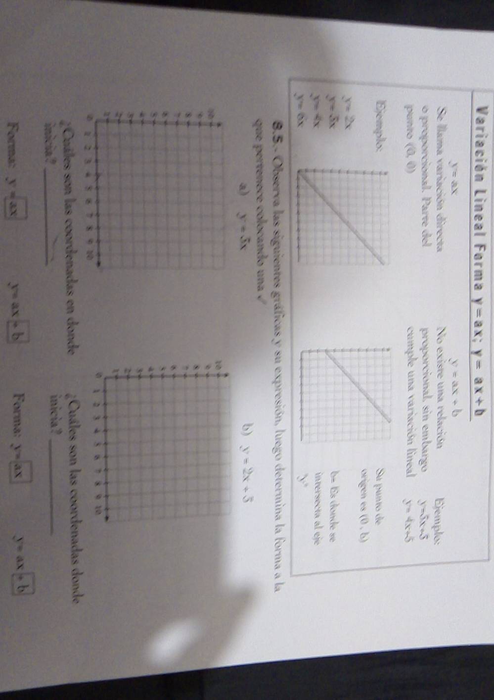 Variación Lineal Forma y=ax; y=ax+b
y=ax
y=ax+b
Se llama variación directa No existe una relación Ejemplo: 
o proporcional. Parte del proporcional, sin embargo y=5x+5
panto (0,0) cumple una variación lineal y=4x+5
Ejemplo: Su punto de 
origen es (0,b)
y=2x
y=5x
b= Es donde se
y=4x
intersecta al eje
y=6x
y°
8.5.- Observa las siguientes gráficas y su expresión, luego determina la forma a la 
que pertenece colocando una 
a) y=5x b) y=2x+5
¿Cuáles son las coordenadas en donde ¿Cuáles son las coordenadas donde 
inicia ?_ inicia?_ 
Forma: y=ax y=ax+b Forma: V=ax y=ax+b