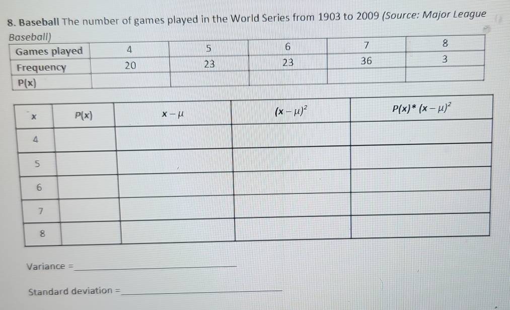 Baseball The number of games played in the World Series from 1903 to 2009 (Source: Major League
Variance =
_
Standard deviation =
_