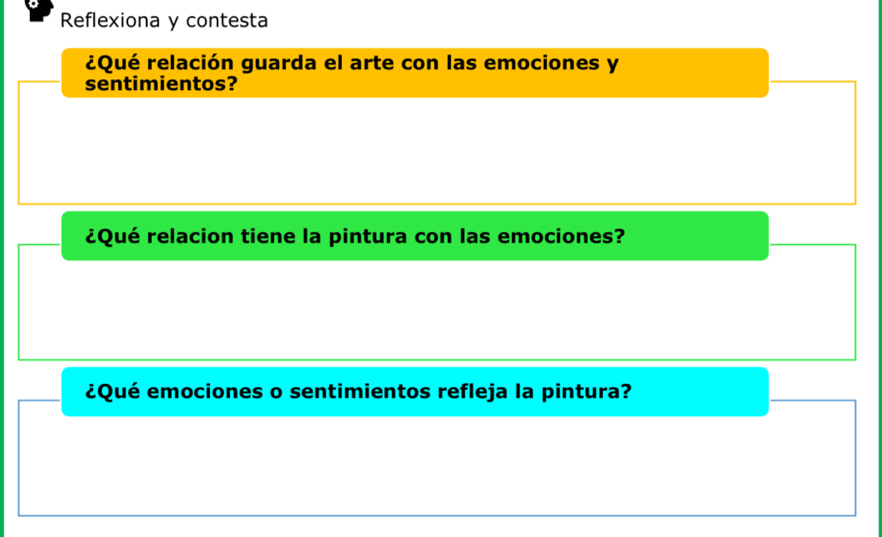 Reflexiona y contesta 
¿Qué relación guarda el arte con las emociones y 
sentimientos? 
¿Qué relacion tiene la pintura con las emociones? 
¿Qué emociones o sentimientos refleja la pintura?