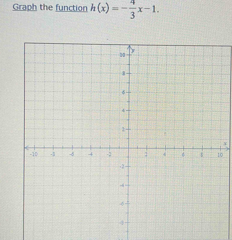 Graph the function h(x)=- 4/3 x-1.
x
0