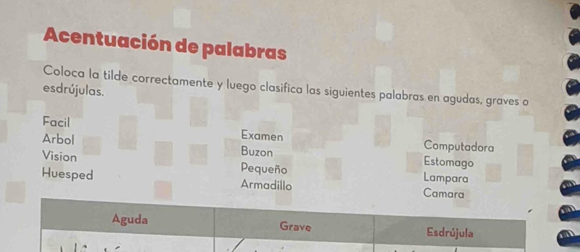 Acentuación de palabras 
Coloca la tilde correctamente y luego clasifica las siguientes palabras en agudas, graves o 
esdrújulas. 
Facil Examen 
Computadora 
Arbol Buzon Estomago 
Vision Pequeño Lampara 
Huesped Armadillo Cama