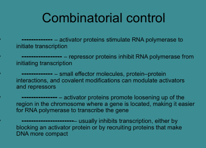 Combinatorial control 
_ 
- activator proteins stimulate RNA polymerase to 
initiate transcription 
_ 
- repressor proteins inhibit RNA polymerase from 
initiating transcription 
_ 
- small effector molecules, protein-protein 
interactions, and covalent modifications can modulate activators 
and repressors 
_- activator proteins promote loosening up of the 
region in the chromosome where a gene is located, making it easier 
for RNA polymerase to transcribe the gene 
_usually inhibits transcription, either by 
blocking an activator protein or by recruiting proteins that make 
DNA more compact