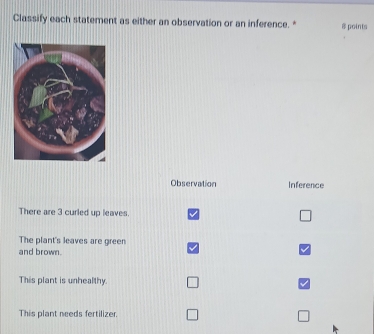 Classify each statement as either an observation or an inference. * # points
Observation Inference
There are 3 curled up leaves
The plant's leaves are green
and brown.
This plant is unhealthy.
This plant needs fertilizer.