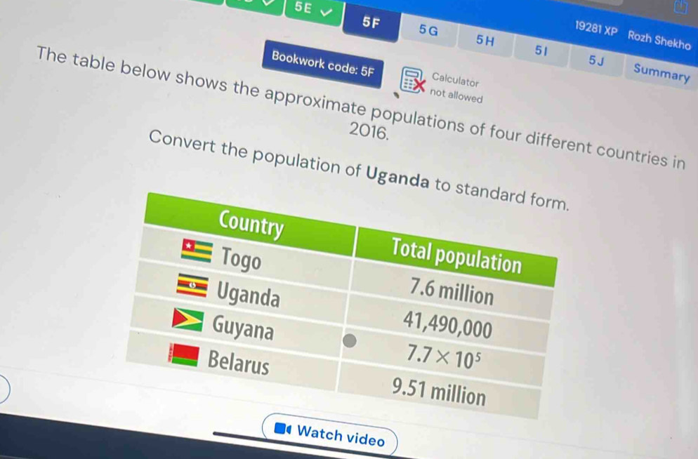 5F 5G 5H 51
19281 XP Rozh Shekho
5 J
Bookwork code: 5F Calculator
Summary
not allowed
The table below shows the approximate populations of four different countries in
2016.
Convert the population of Ugan
Watch video