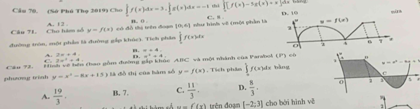 thì ∈tlimits _0^(1[f(x)-5g(x)+x]dx bany
Câu 70. (Sở Phú Thọ 2019) Cho ∈tlimits _0^1f(x)dx=3, ∈tlimits _0^1g(x)dx=-1 C. 8.
D. 10
nừa
A. 12 B. 0.
Câu 71. Cho hàm số y=f(x) có đồ thị trên đoạn [0;6] như hình vẽ (một phần là " y=f(x)
2
đường trón, một phần là đường gắp khúc). Tích phân ∈tlimits _0^1f(x)dx
o 2 A 6 7
B. π +4,
A. 2π +4.
C. 2π ^2)+4. D. π^2+4. 
2
Câu 72. Hi (bao gồm đường gấp khúc ABC và một nhánh của Parabol (P) có beginarrayr w Aendarray
phương trinh y=x^2-8x+15) là đồ thị của hàm số y=f(x) , Tích phân ∈tlimits _0^(1f(x)dx bàng y=x^2)-8x+1
C
A.  19/3 . B. 7. C.  11/3 . D.  8/3 . 
2 B n
hèm số u=f'(x) trên đoan [-2;3] cho bởi hình vẽ