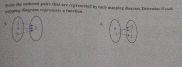 wee the ordered pairs that are represented by each mapping diagram. Determine if each 
magging diagram represents a function. 
5. 6.