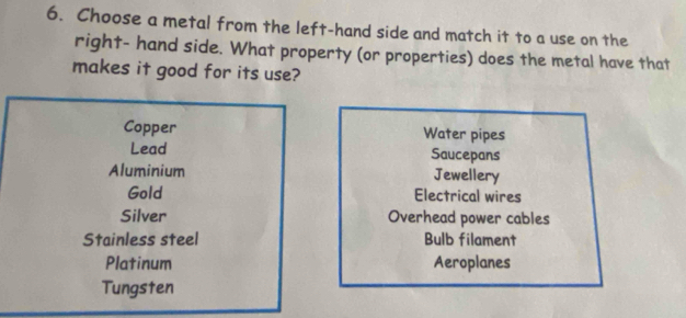 Choose a metal from the left-hand side and match it to a use on the
right- hand side. What property (or properties) does the metal have that
makes it good for its use?
Copper Water pipes
Lead Saucepans
Aluminium Jewellery
Gold Electrical wires
Silver Overhead power cables
Stainless steel Bulb filament
Platinum Aeroplanes
Tungsten