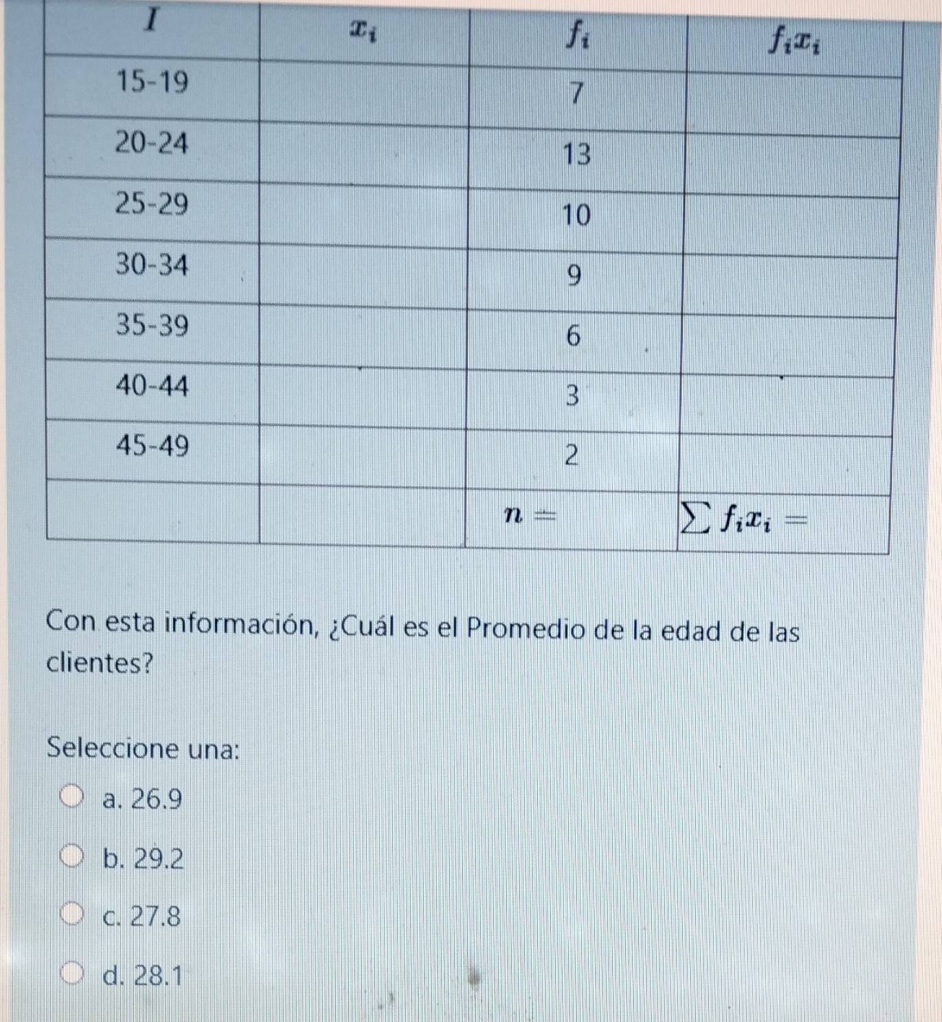 x_i
ta información, ¿Cuál es el Promedio de la edad de las
clientes?
Seleccione una:
a. 26.9
b. 29.2
c. 27.8
d. 28.1