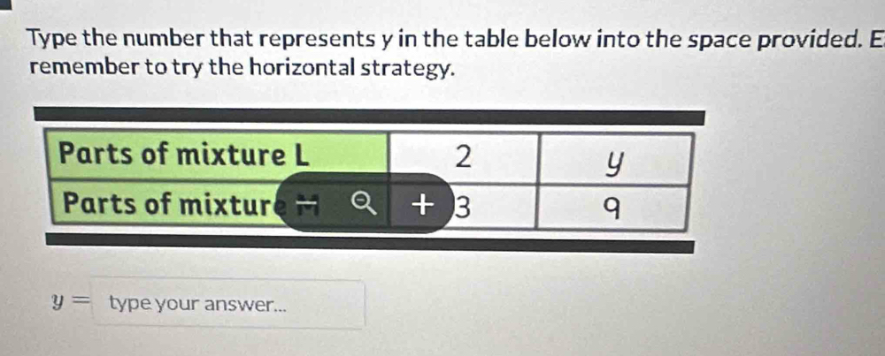 Type the number that represents y in the table below into the space provided. E 
remember to try the horizontal strategy.
y= type your answer...